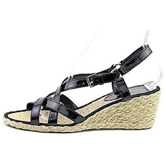 Lauren Ralph Lauren Chrissy Wedge sandal espadrille black gloss leather upper 10 - Picture 1 of 9